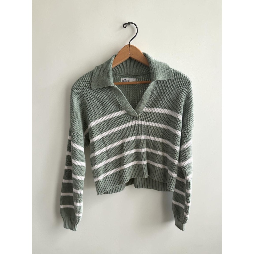 Hollister Sage Green White Striped Ribbed Polo Sweater V-Neck Cropped Small